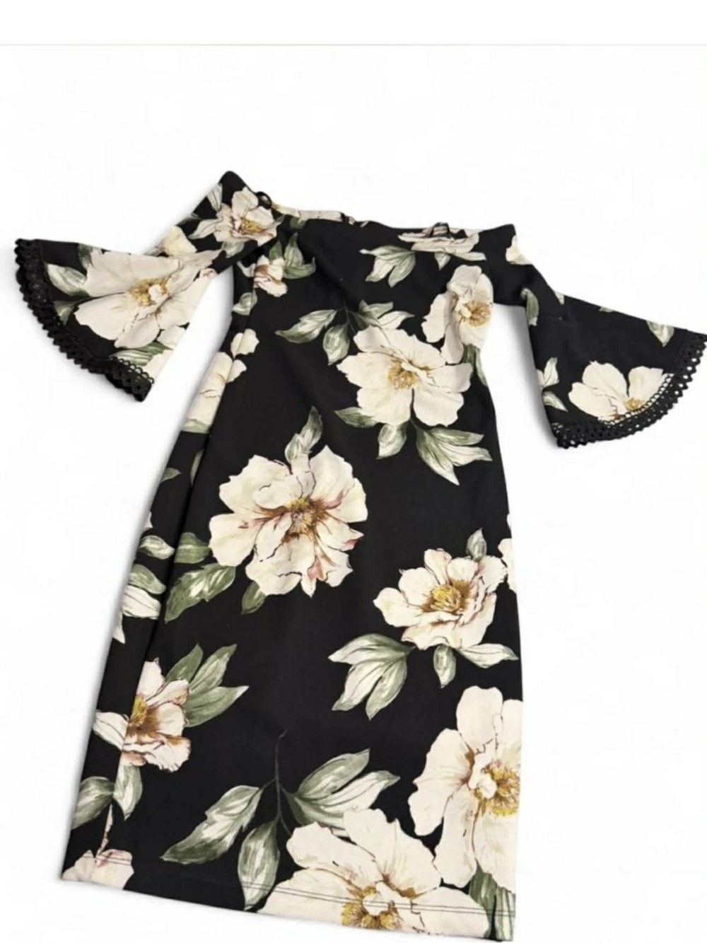 Premier Amour Black floral Midi Dress with Bell Sleeves and Lace Trim. Size: 6